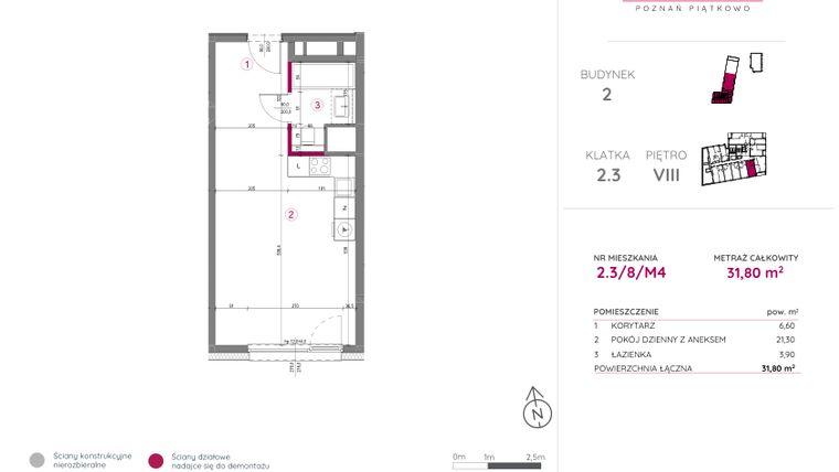 Rzut - Mieszkanie na sprzedaż 1 pokój o powierzchni 31,8 m² - numer 2.3/8/M4 w Lechicka 65