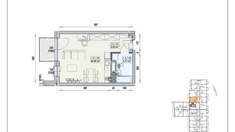 Rzut - Mieszkanie na sprzedaż 1 pokój o powierzchni 31,13 m² - numer 1/4/1/1a w Gwarna