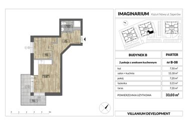 Rzut - Mieszkanie na sprzedaż 2 pokoje o powierzchni 33,03 m² - numer 8 w Imaginarium Kazuń Nowy - bud. B