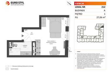 Rzut - Mieszkanie na sprzedaż 1 pokój o powierzchni 27,06 m² - numer A.212 w Esencja - Apartamenty inwestycyjne
