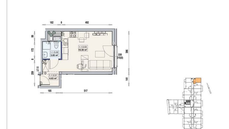 Rzut - Mieszkanie na sprzedaż 1 pokój o powierzchni 27,07 m² - numer 1/1/5/1a w Gwarna