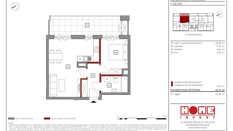 Rzut - Mieszkanie na sprzedaż 2 pokoje o powierzchni 45,74 m² - numer M24 w Rezydencja Ochota