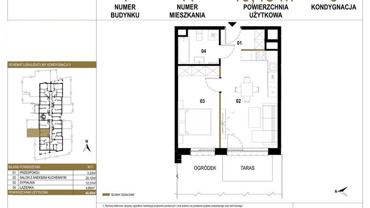Rzut - Mieszkanie na sprzedaż 2 pokoje o powierzchni 40,45 m² - numer 1.M11 w Osiedle Saturna