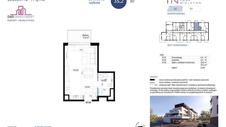 Rzut - Mieszkanie na sprzedaż 1 pokój o powierzchni 35,2 m² - numer A2-10 w Park Mielecka