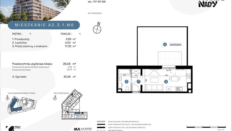 Rzut - Mieszkanie na sprzedaż 1 pokój o powierzchni 25,32 m² - numer A2.3.1.M6 w Nowe Promenady