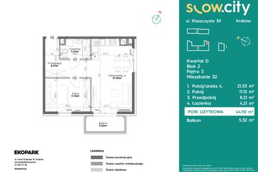 Rzut - Mieszkanie na sprzedaż 2 pokoje o powierzchni 44,9 m² - numer D2-32 w Slow City etap D
