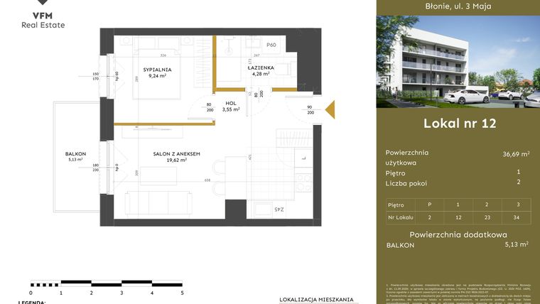 Rzut - Mieszkanie na sprzedaż 2 pokoje o powierzchni 36,69 m² - numer 12 w Apartamenty 3 Maja