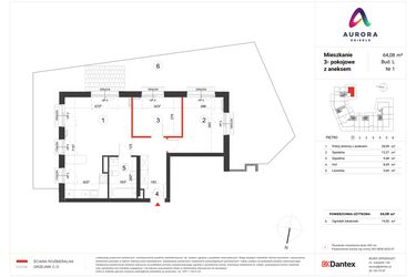Rzut - Mieszkanie na sprzedaż 3 pokoje o powierzchni 64,08 m² - numer L-1 w Osiedle Aurora - bud. L