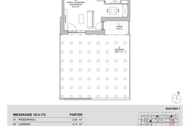 Rzut - Mieszkanie na sprzedaż 1 pokój o powierzchni 30,58 m² - numer 1D.0.172 w Francuska Park VIIIB