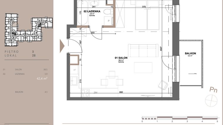 Rzut - Mieszkanie na sprzedaż 1 pokój o powierzchni 42 m² - numer 28 w BETWEEN