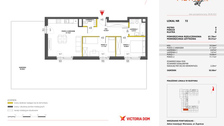 Rzut - Mieszkanie na sprzedaż 3 pokoje o powierzchni 61,79 m² - numer 72 w Metro Art 10