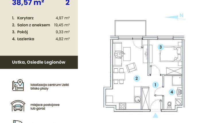 Rzut - Mieszkanie na sprzedaż 2 pokoje o powierzchni 38,57 m² - numer 2.10 w Ustka Flow