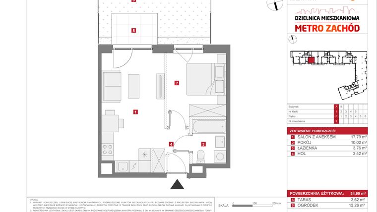 Rzut - Mieszkanie na sprzedaż 2 pokoje o powierzchni 34,99 m² - numer 13.1.A.3 w Dzielnica Mieszkaniowa Metro Zachód - etap 13