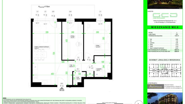 Rzut - Mieszkanie na sprzedaż 3 pokoje o powierzchni 58,36 m² - numer 6.6. w City Park Apartments