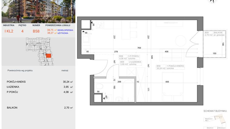 Rzut - Mieszkanie na sprzedaż 1 pokój o powierzchni 38,27 m² - numer I-B58 w Industria etap I-B