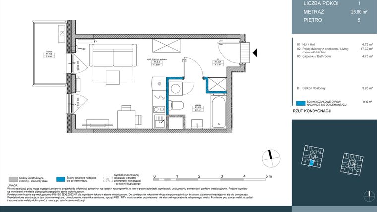Rzut - Mieszkanie na sprzedaż 1 pokój o powierzchni 26,8 m² - numer 46 w Nordic Górka Narodowa