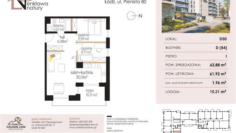 Rzut - Mieszkanie na sprzedaż 3 pokoje o powierzchni 61,96 m² - numer D50 w Enklawa Natury