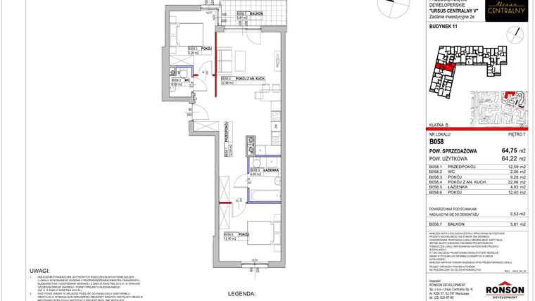 Rzut - Mieszkanie na sprzedaż 3 pokoje o powierzchni 64,72 m² - numer 11.B058 w Ursus Centralny etap V