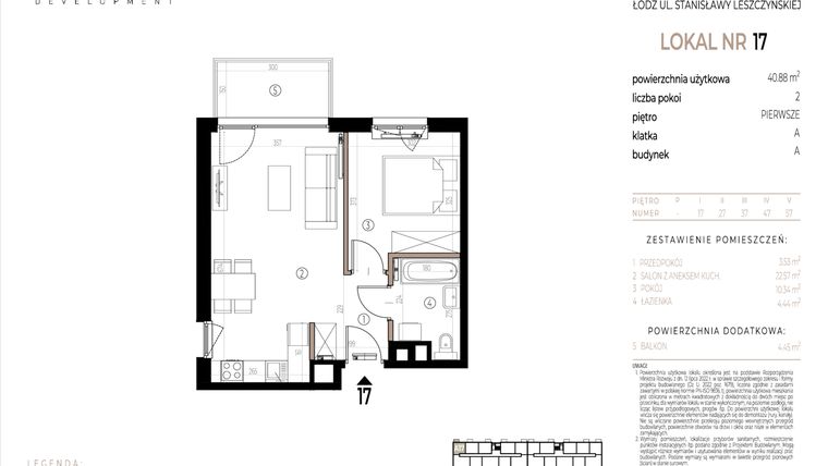 Rzut - Mieszkanie na sprzedaż 2 pokoje o powierzchni 40,88 m² - numer A017 w Ustronna