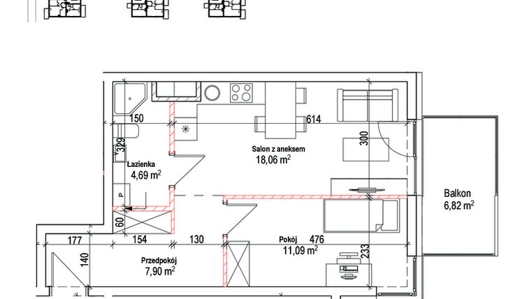 Rzut - Mieszkanie na sprzedaż 2 pokoje o powierzchni 41,74 m² - numer 22B w Łowicka 25