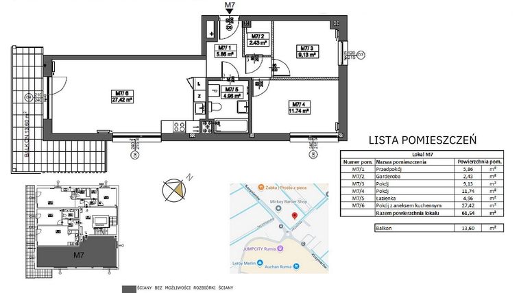 Rzut - Mieszkanie na sprzedaż 3 pokoje o powierzchni 61,54 m² - numer M7 w Jeziorna 1