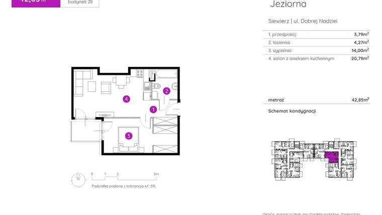 Rzut - Mieszkanie na sprzedaż 2 pokoje o powierzchni 42,85 m² - numer 28.B.1.2 w Murapol Siewierz Jeziorna bud. 27 i 28