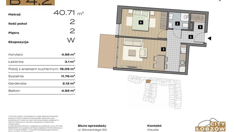 Rzut - Mieszkanie na sprzedaż 2 pokoje o powierzchni 40,71 m² - numer B 4.2 w City Łobzów