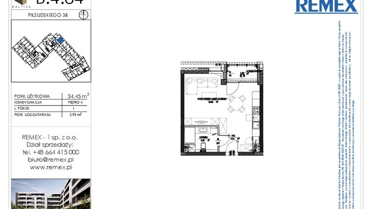 Rzut - Mieszkanie na sprzedaż 1 pokój o powierzchni 34,45 m² - numer B.4.84 w Osiedle BALTICA