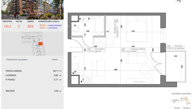 Rzut - Mieszkanie na sprzedaż 1 pokój o powierzchni 34,97 m² - numer I-B25 w Industria etap I-B