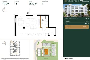 Rzut - Mieszkanie na sprzedaż 1 pokój o powierzchni 36,72 m² - numer 2.M3.09 w Wierzbowa 20