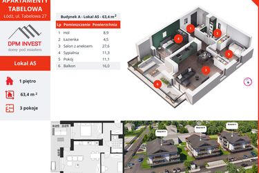 Rzut - Mieszkanie na sprzedaż 3 pokoje o powierzchni 63,4 m² - numer A5 w Apartamenty Tabelowa