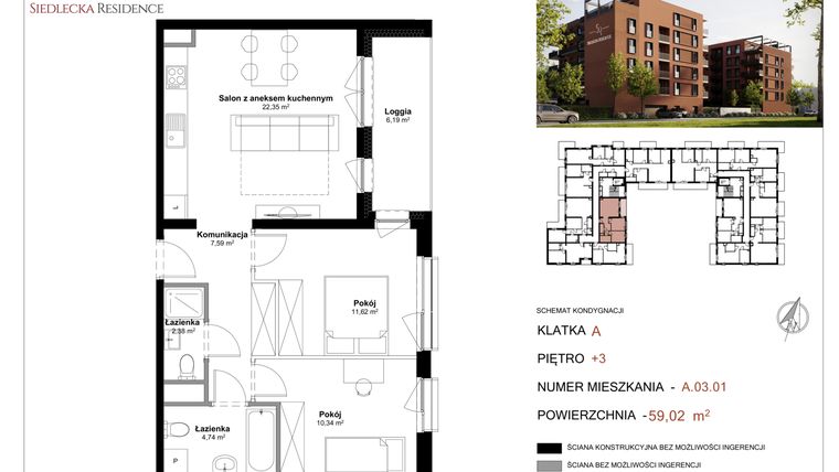 Rzut - Mieszkanie na sprzedaż 3 pokoje o powierzchni 59,02 m² - numer A-03-01 w Siedlecka Residence