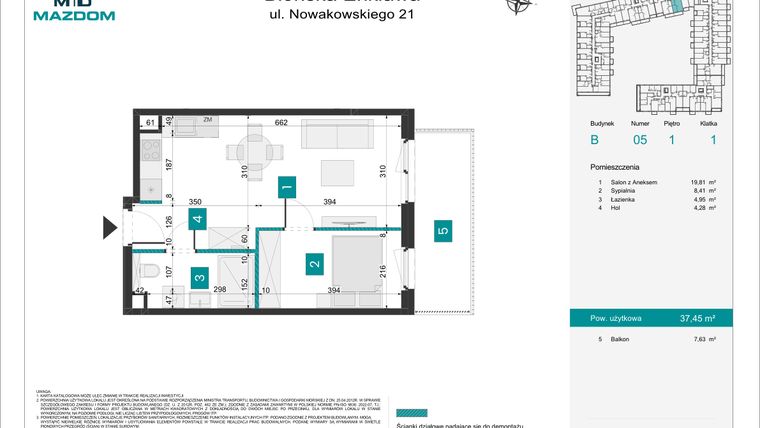Rzut - Mieszkanie na sprzedaż 2 pokoje o powierzchni 37,44 m² - numer B.5 w Błońska Enklawa