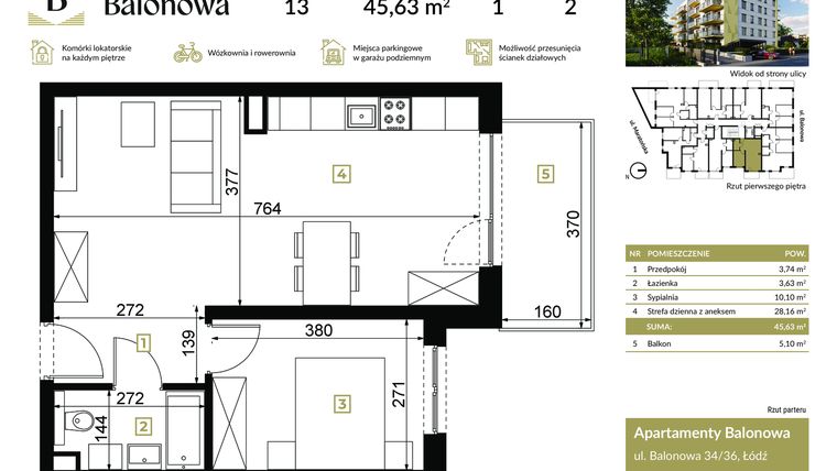 Rzut - Mieszkanie na sprzedaż 2 pokoje o powierzchni 45,63 m² - numer 13 w Apartamenty Balonowa