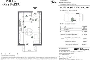 Rzut - Mieszkanie na sprzedaż 1 pokój o powierzchni 28,11 m² - numer 3.A w Willa przy parku