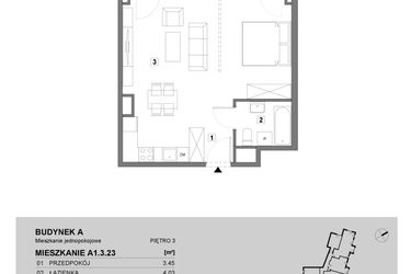 Rzut - Mieszkanie na sprzedaż 1 pokój o powierzchni 43,39 m² - numer A1.3.23 w ATAL Grabiszyn
