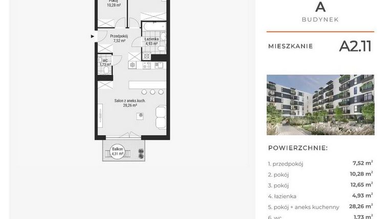 Rzut - Mieszkanie na sprzedaż 3 pokoje o powierzchni 65,49 m² - numer A2.11 w Enklawa Bukowa