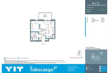 Rzut - Mieszkanie na sprzedaż 1 pokój o powierzchni 31,74 m² - numer A.7.2 w Rakoczego 17