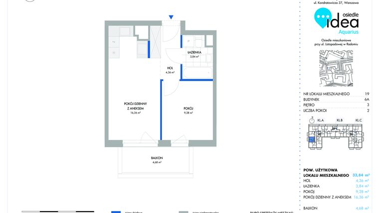 Rzut - Mieszkanie na sprzedaż 2 pokoje o powierzchni 33,84 m² - numer 6A/19 w Osiedle Idea Aquarius