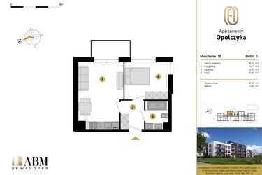 Rzut - Mieszkanie na sprzedaż 2 pokoje o powierzchni 37,31 m² - numer M18 w Apartamenty Opolczyka