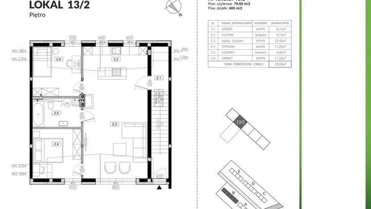 Rzut - Mieszkanie na sprzedaż 3 pokoje o powierzchni 79 m² - numer 13/2 w Szczęśliwa Polana