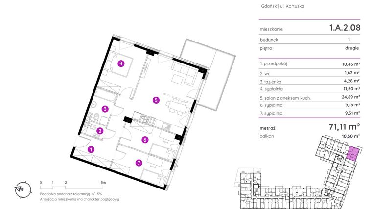 Rzut - Mieszkanie na sprzedaż 4 pokoje o powierzchni 71,11 m² - numer 1.A.2.08 w Murapol Scarpa