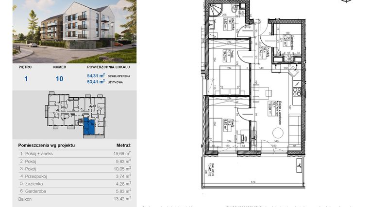 Rzut - Mieszkanie na sprzedaż 3 pokoje o powierzchni 53,41 m² - numer 10 w Balantia