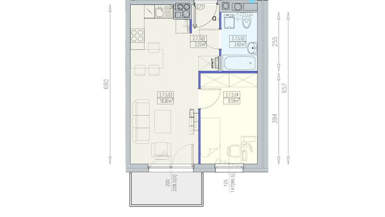 Rzut - Mieszkanie na sprzedaż 2 pokoje o powierzchni 35,63 m² - numer K1 2/7/5/2a w Południk 17 - budynek K1