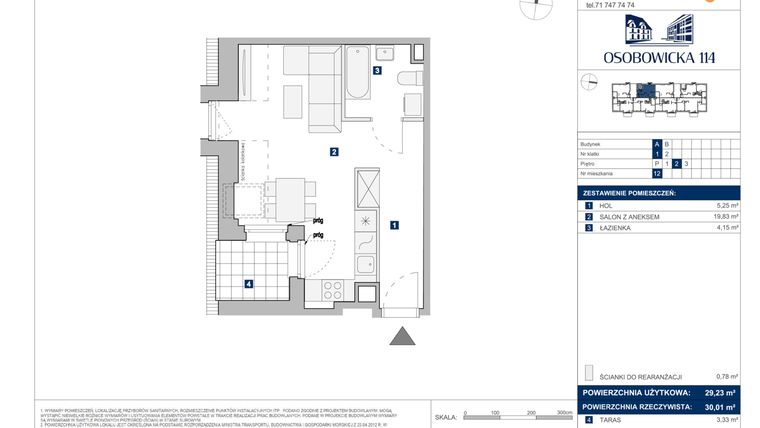 Rzut - Mieszkanie na sprzedaż 1 pokój o powierzchni 29,23 m² - numer A.12 w Osobowicka 114