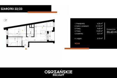 Rzut - Mieszkanie na sprzedaż 3 pokoje o powierzchni 55,63 m² - numer 22/23 w Odrzańskie Bulvary