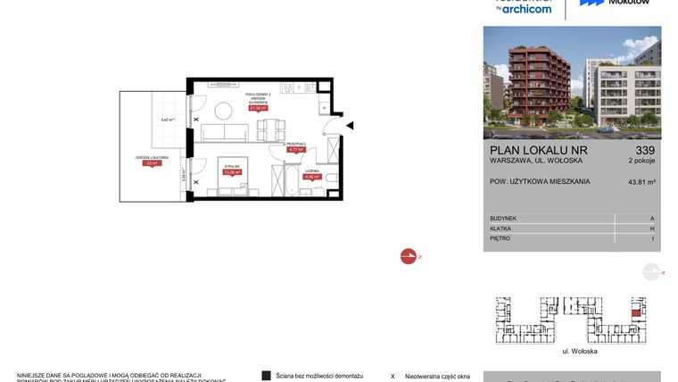 Rzut - Mieszkanie na sprzedaż 2 pokoje o powierzchni 43,81 m² - numer A.339 w Modern Mokotów