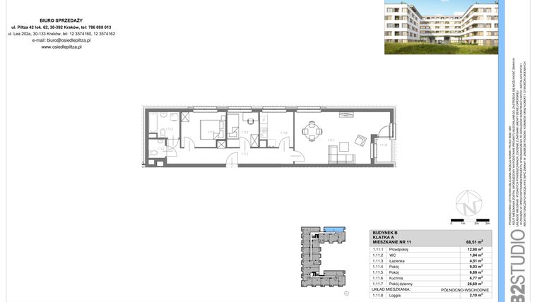 Rzut - Mieszkanie na sprzedaż 3 pokoje o powierzchni 68,51 m² - numer 11 w Osiedle Piltza Etap V