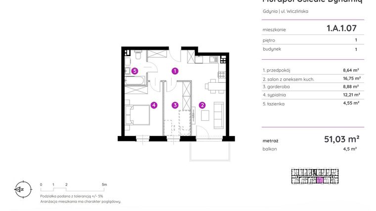 Rzut - Mieszkanie na sprzedaż 2 pokoje o powierzchni 51,03 m² - numer 1.A.1.07 w Murapol Osiedle Dynamiq