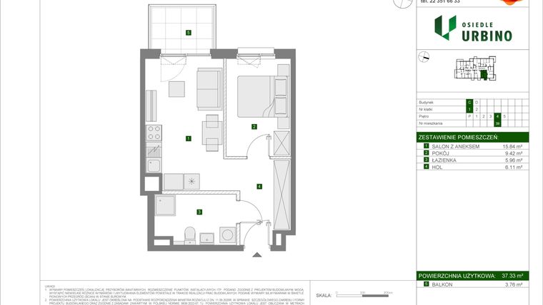 Rzut - Mieszkanie na sprzedaż 2 pokoje o powierzchni 37,33 m² - numer C39 w Osiedle Urbino etap 4.2